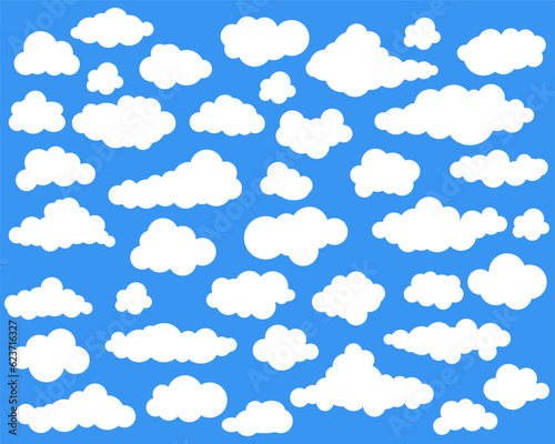 Clouds in the sky. Abstract white cloud set isolated on blue background. Vector illustration.