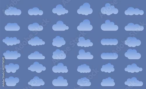 The clouds in the sky are drawn with a gradient. Abstract white set of clouds isolated on a blue background. Vector illustration.
