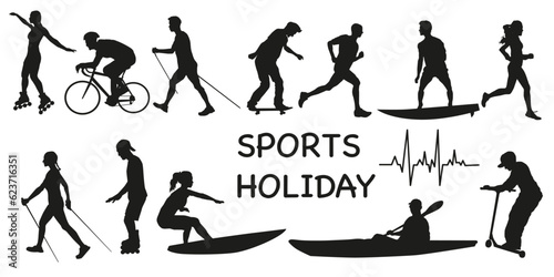 They go in for sports. Sports, healthy recreation, vector illustration. Active sports and sports exercises. Dark silhouettes.