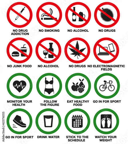 Prohibited sign for beer and cigarettes, and everything unhealthy. Advertising a healthy lifestyle.