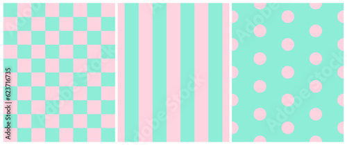 Quadro em tela Cute Geometric Seamless Vector Patterns with Pastel Pink and Vibrant Mint Blue Stripes, Grid and Dots
