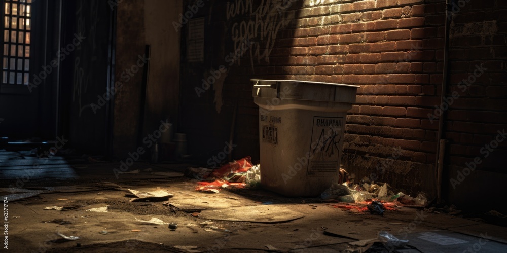 Obraz na plátně Harsh Shadows and Urban Decay: Overflowing Trash in a Dirty Alley, generative ai