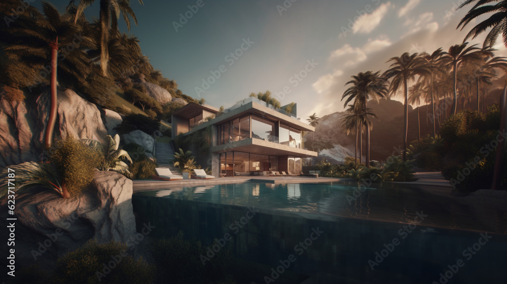 Modern flat roof house and panoramic windows, with a pool by the sea. Palm trees in the background.	

