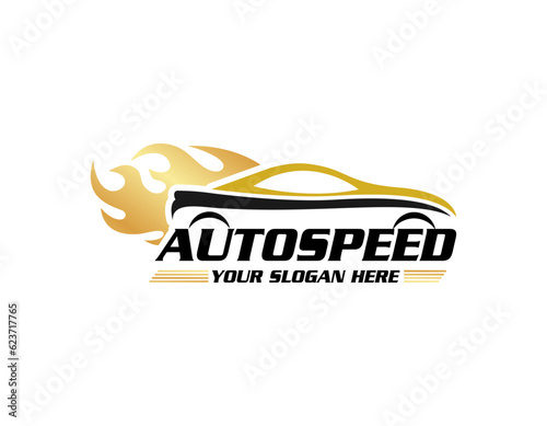 Auto style car logo design with concept sports vehicle icon silhouette on light grey background. Vector illustration.