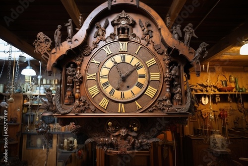 Swiss cuckoo clock striking twelve in an antique shop