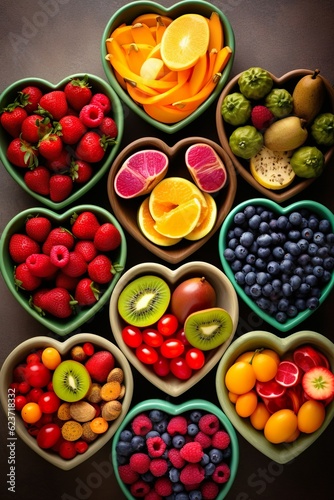 Heart-shaped bowls filled with fruits