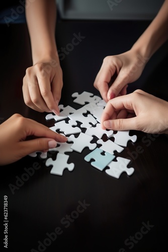 Four hands on an office table, each hand holding a puzzle piece