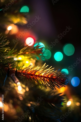 Christmas tree branch with colorful lights