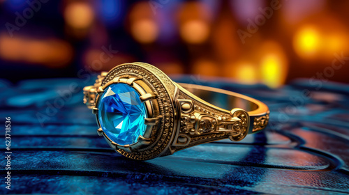 a gold ring on a table with sapphire, close up