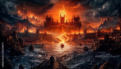 Epic scene of a dark castle in flames, behind a lake, darkness, video game style