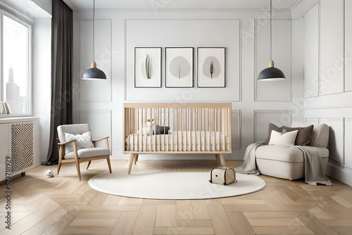 Stylish scandinavian newborn baby room with brown wooden three mock up poster frame, toys, plush animal and child accessories
