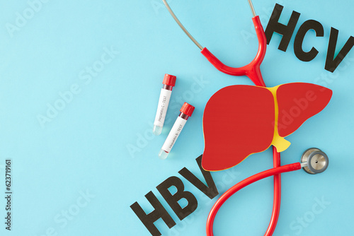 Hepatitis Day and awareness about infections. Top view photo of liver symbol, HBV, HCV abbreviation, stethoscope, blood samples on pastel blue background with empty space for message
