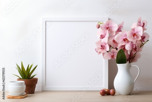 Mockup frame  A white frame complements a pristine white photograph  showcasing the allure of simplicity. Generative AI