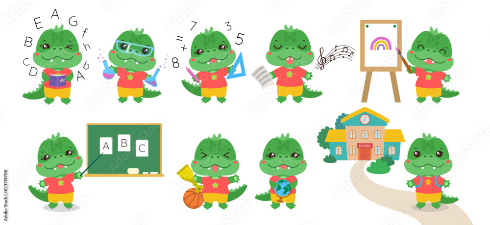 Obraz premium School children vector. Cute animal student character design for children book illustration, kids educational game, school stationery print, preschool or elementary school mascot. Kawaii crocodile.