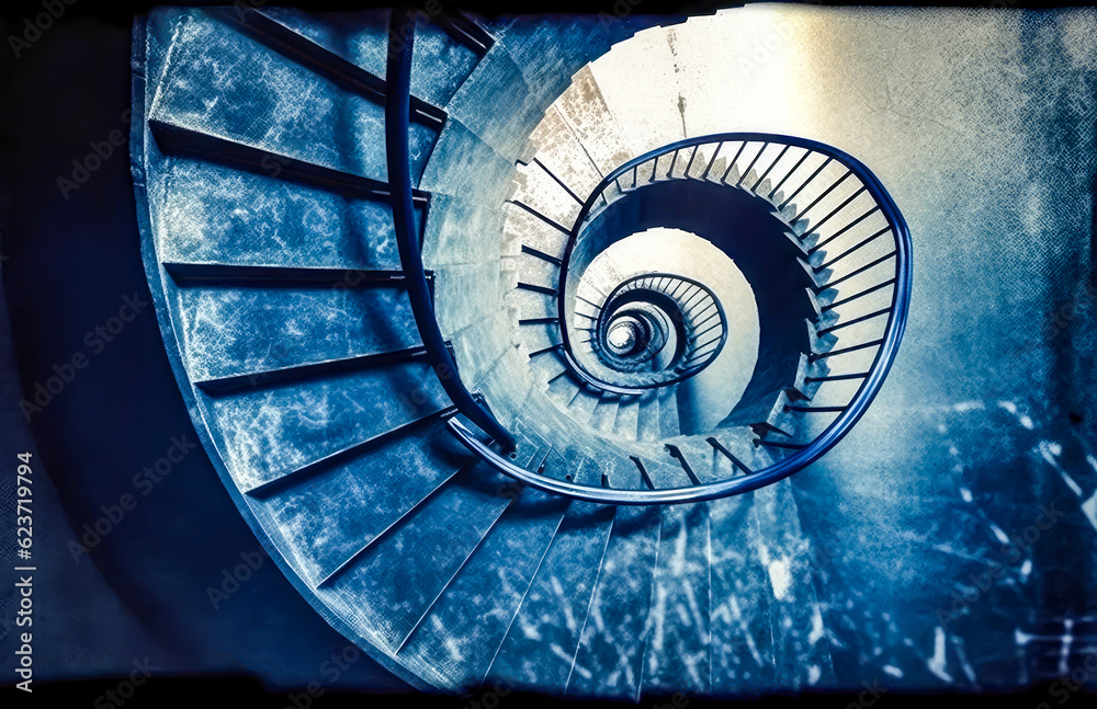 Fototapeta premium a spiral staircase, top view, minimalist, blue