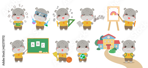 Cute hippo student school children vector. Animal character design for preschool workbook illustration, kids educational game, stationery print, elementary school mascot. Kawaii hippopotamus chibi.