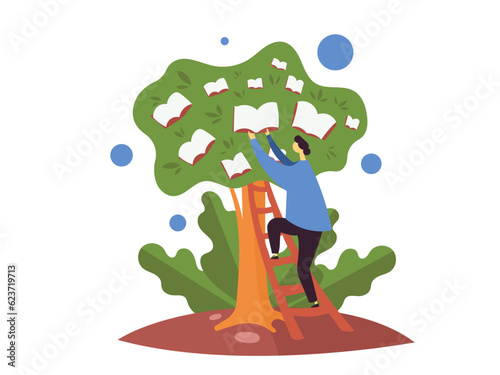 A reader takes books off a tree. Conceptual flat vector illustration about library, books and reading. photo