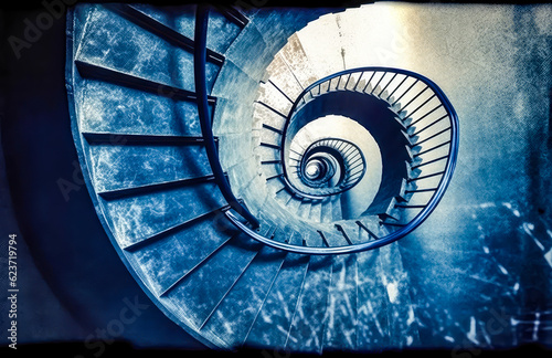 a spiral staircase  top view  minimalist  blue