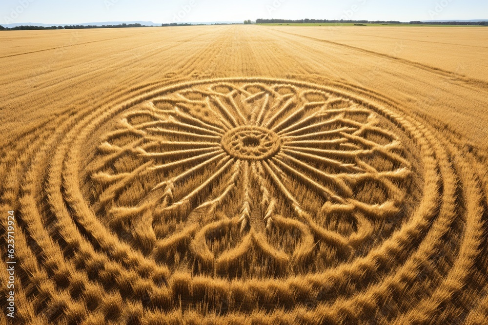 Top view of elaborate crop circle design in a wheat field