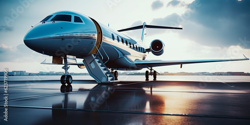 Close-up of a business jet parked outside. 