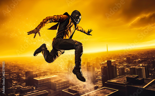 a man is running up a building in front a city, video game style, yellow background