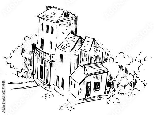 An oldstyle house ink illustration. Architecture sketch vector drawing. Black and white landscape art. 