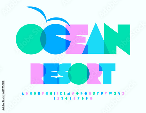 Vector watercolor card Ocean Resort. Bright Artistic Font. Stylish Alphabet Letters and Numbers set