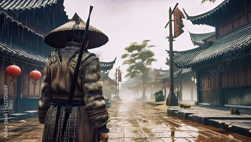 medieval swordsman oriental standing on a oriental city