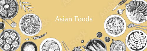 Asian Restaurant Menu. Hand-drawn illustration of dishes and products. Ink. Vector