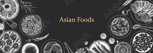 Asian Restaurant Menu. Hand-drawn illustration of dishes and products. Ink. Vector