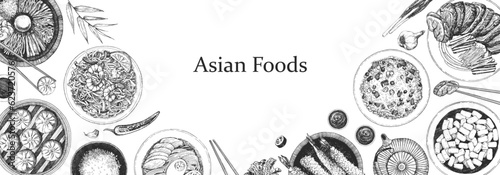 Asian Restaurant Menu. Hand-drawn illustration of dishes and products. Ink. Vector