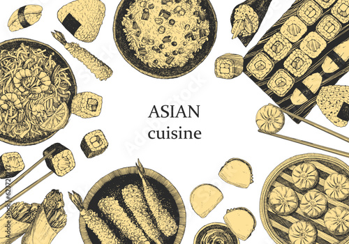 Asian Restaurant Menu. Hand-drawn illustration of dishes and products. Ink. Vector