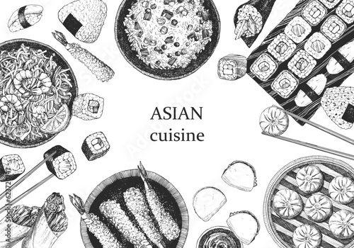 Asian Restaurant Menu. Hand-drawn illustration of dishes and products. Ink. Vector
