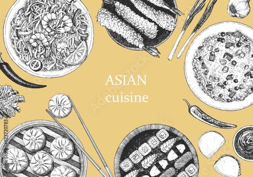 Asian Restaurant Menu. Hand-drawn illustration of dishes and products. Ink. Vector