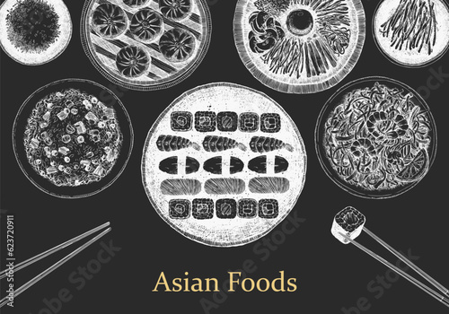 Asian Restaurant Menu. Hand-drawn illustration of dishes and products. Ink. Vector