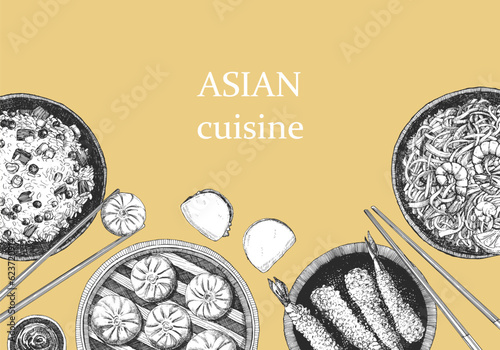 Asian Restaurant Menu. Hand-drawn illustration of dishes and products. Ink. Vector