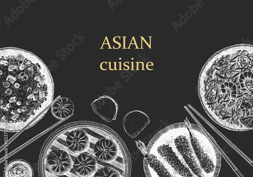 Asian Restaurant Menu. Hand-drawn illustration of dishes and products. Ink. Vector