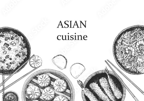 Asian Restaurant Menu. Hand-drawn illustration of dishes and products. Ink. Vector