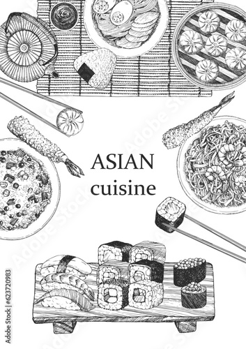 Asian Restaurant Menu. Hand-drawn illustration of dishes and products. Ink. Vector