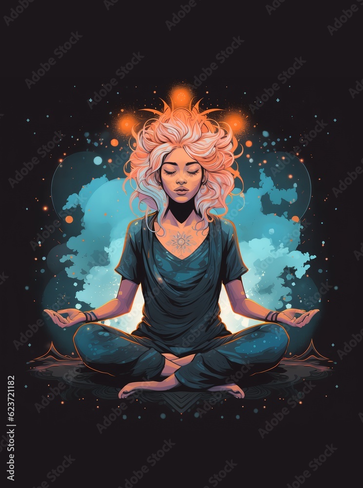 Poster women with crossed legs meditating in yoga lotus position or asana. Meditation practice. Zen, harmony concept