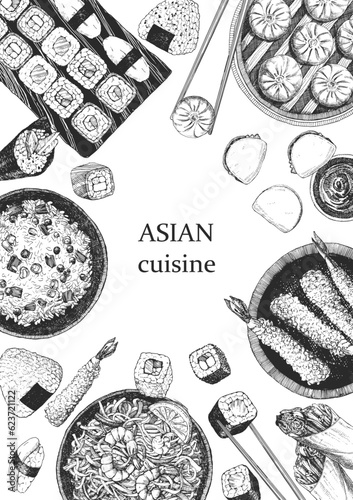 Asian Restaurant Menu. Hand-drawn illustration of dishes and products. Ink. Vector