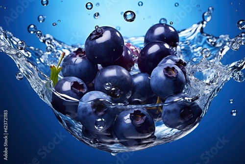 Vibrant blueberries inside a water bubble, mid-air against a contrasting backdrop