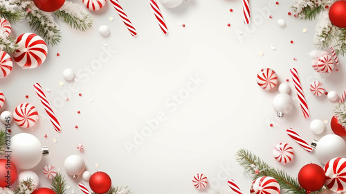 White Background with christmas candy canes and pine 