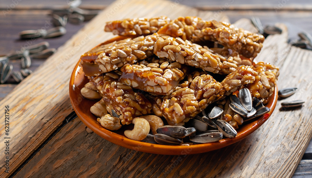 Roasted nuts and sunflower seeds in caramel and sugar on the old wooden background. Selective focus. Roasted nuts and sunflower seeds in caramel and sugar on the old wooden background. Selective focus.