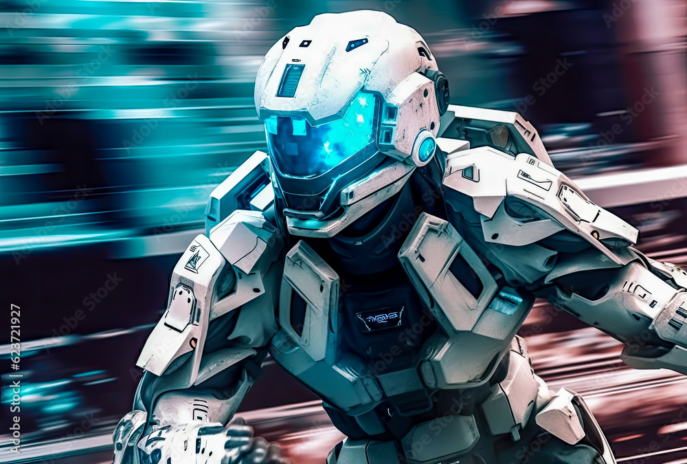 a soldier in blue helmet and black trousers in the city, future concept of mechanical suit of the future for soldiers or policemen a soldier in blue helmet and black trousers in the city, future concept of mechanical suit of the future for soldiers or policemen