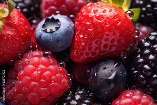 Water droplets falling on a pile of mixed berries, close-up macro shot