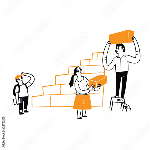 Parents are building a structure of stairs for their children to step up. happy giving family warmth.