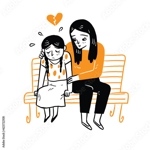 The good mother comforts upset daughter crying for problem to support, consoling and understand.