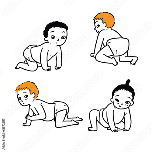 Different poses of children in crawling position.