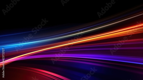 Colorful light trails with motion effect. Illustration of high-speed light effect on black background. Colorful Light Trails, Long Time Exposure Motion Blur Effect. Vector Illustration. Generative AI